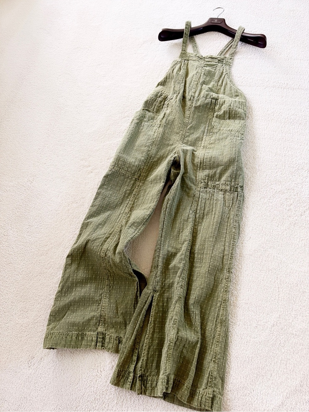 Free People Army Olive Green Textured Cotton Lightweight Overalls sz XS Savannah - Picture 3 of 8